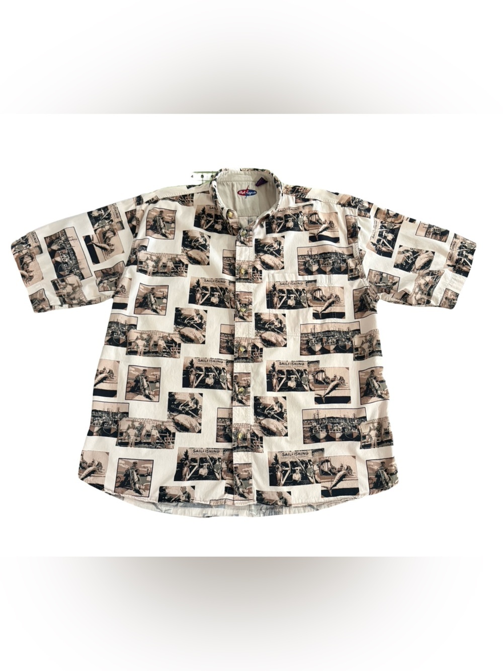 Reel Legends Fishing Print Button Front Shirt XL 100% Cotton Coastal Outdoor